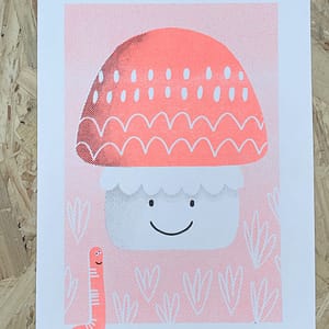 Risograph print of a fun fungi and a friendly worm illustration.